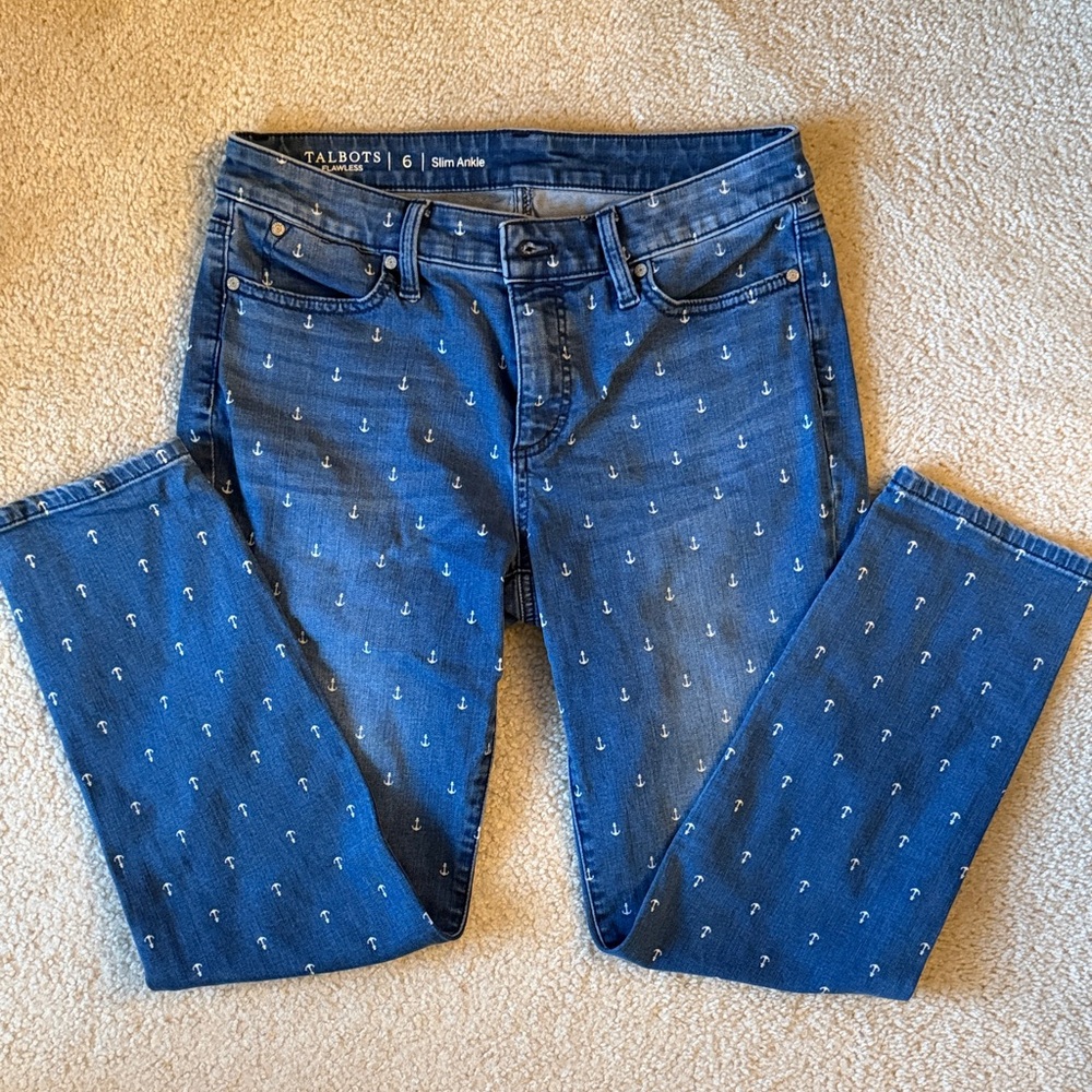 Talbots Navy Anchor Print Slim Ankle Jeans, size 6